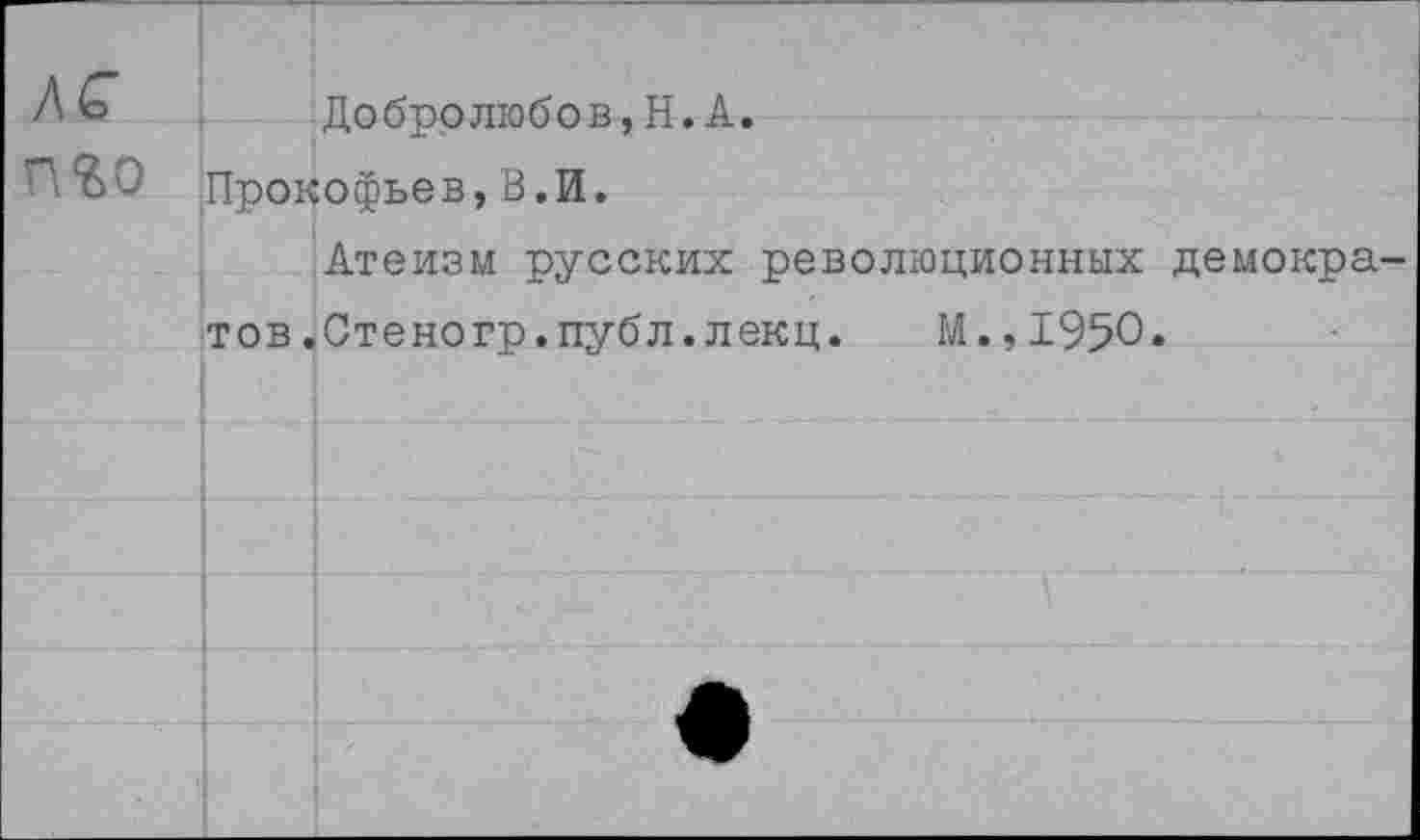 ﻿лс пго
Добролюбов,Н.А.
Прокофьев,В.И.
Атеизм русских революционных демокра-
тов.Стеногр.публ.лекц. М.,1950.